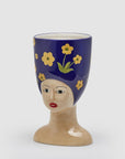 Vaso alto donna busto con fiori, in ceramica, colore blu con fiori gialli. EDG