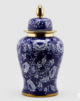 Vaso Ching Con Coperchio, disegno fiori, bianco, blu e oro. EDG