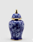 Vaso Ching Con Coperchio, disegno fiori, bianco, blu e oro. EDG