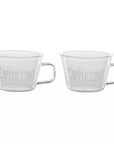Set 2 tazze in vetro borosilicato decoro "Cappuccino" trasparente, con scritta in bianco. Simple day