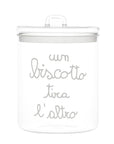 Biscottiera in vetro borosilicato decoro "Un biscotto tira l'altro" trasparente con scritta in bianco. Simple day