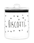 Biscottiera in vetro borosilicato decoro "Biscotti" e cuori trasparente con scritta in nero. Simple day