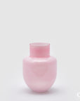 Vaso rotondo bombato con collo, H. 25 D 18cm., in vetro, rosa. EDG
