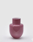 Vaso rotondo bombato con collo, H. 25 D 18cm., in vetro, rosa cipolla. EDG
