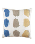 Cuscino quadrato bianco con intarsi blu, giallo e tortora. L'oca nera