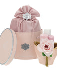 Cappelliera rosa con vaso rosa e oro in ceramica e lavette. Hervit Creations