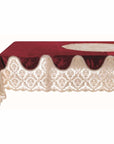 Tovaglia in velluto con bordo in pizzo e rosone centrale, colore bordeaux, Linea Velvet & lace, 160 x 160. Blanc Mariclò (Copia)