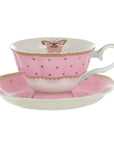 Tazza tè con piattino porcellana con pois e farfalla, colore rosa. Blanc Mariclò