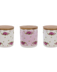 Set 3 barattoli porcellana con coperchio in legno, decoro rose. Blanc Mariclò