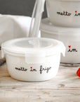 Contenitore ermetico rotondo misura M in gres decoro "Metto in frigo". Simple day