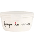 Contenitore ermetico rotondo misura XL in gres decoro "Frigo in ordine". Simple day