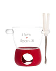 Fonduta cioccolato decoro "I love chocolate", trasparente con scritta bianca e cuore rosso su base rossa. Simple day