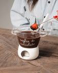 Fonduta cioccolato decoro "Voglia di cioccolato", trasparente con scritta bianca e cuore rosso su base bianca. Simple day