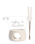 Fonduta cioccolato decoro "Voglia di cioccolato", trasparente con scritta bianca e cuore rosso su base bianca. Simple day