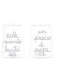 Set sale e pepe in vetro borosilicato decoro "Sale quanto basta" e "Un pizzico di Pepe" trasparente con scritta in bianco. Simple day