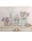 Quadro con vasi e fiori, rose e giacinti, su comò, misura 51 X 3 X 35 cm., senza cornice. Blanc Mariclò