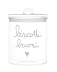 Barattolo in vetro borosilicato decoro "Biscotti buoni" trasparente con scritta in bianco. Simple day