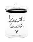 Barattolo in vetro borosilicato decoro "Biscotti buoni" trasparente con scritta in nero. Simple day