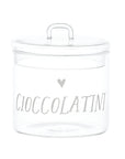 Barattolo in vetro borosilicato decoro "Cioccolatini" trasparente con scritta in bianco. Simple day