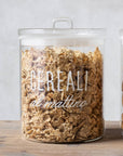 Barattolo in vetro borosilicato decoro "Cereali al mattino" trasparente con scritta in bianco. Simple day