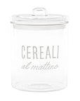 Barattolo in vetro borosilicato decoro "Cereali al mattino" trasparente con scritta in bianco. Simple day
