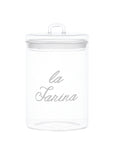 Barattolo in vetro borosilicato decoro "La farina" trasparente con scritta in bianco. Simple day