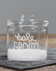 Barattolo in vetro borosilicato decoro "Sale grosso" trasparente con scritta in corsivo bianco. Simple day