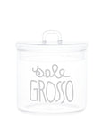 Barattolo in vetro borosilicato decoro "Sale grosso" trasparente con scritta in corsivo bianco. Simple day