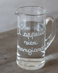 Brocca in vetro decoro "L'appetito vien mangiando" 1,2lt., trasparente con scritta in bianco. Simple day