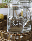 Brocca in vetro decoro "Senza bolle" 1,2lt., trasparente con scritta in bianco. Simple day
