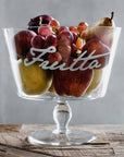 Alzata Porta frutta in vetro diametro 26,5 x H. 24cm., trasparente con scritta in bianco. Simple day