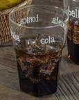 Set 2 bicchieri, scritta bianco, "Cola-aranciata-cedrata-tonica" in vetro borosilicato, trasparente. Simple day
