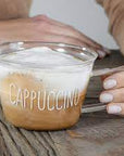 Set 2 tazze in vetro borosilicato decoro "Cappuccino" trasparente, con scritta in bianco. Simple day