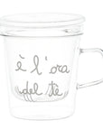 Mug con infusore decoro "L'ora del tè", trasparente con scritta bianca. Simple day