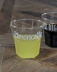 Set 4 bicchierini Liquore, scritta bianco, "Limoncello" in vetro borosilicato, trasparente. Simple day