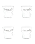Set 4 bicchierini Liquore, scritta bianco, "Limoncello" in vetro borosilicato, trasparente. Simple day