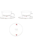 Set 2 tazze caffè espresso in vetro borosilicato decoro "Espresso" trasparente e cuori rosso. Simple day
