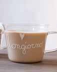 Set 2 tazze in vetro borosilicato decoro "Buongiorno" trasparente. Simple day