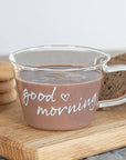 Set 2 tazze tè/cappuccino in vetro borosilicato decoro "Good morning" trasparente. Simple day