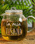 Teiera con infusore decoro "La mia tisana", trasparente con scritta bianca. Simple day