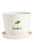 Vaso con sottovaso in gres decoro "Basilico" bianco con scritta in nero. Simple day