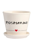 Vaso Rosmarino con sottovaso in gres decoro "Rosmarino" bianco con scritta in nero. Simple day