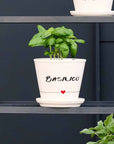 Vaso Basilico con sottovaso in gres decoro "Basilico" bianco con scritta in nero. Simple day
