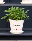 Vaso Salvia con sottovaso in gres decoro "Salvia" bianco con scritta in nero. Simple day