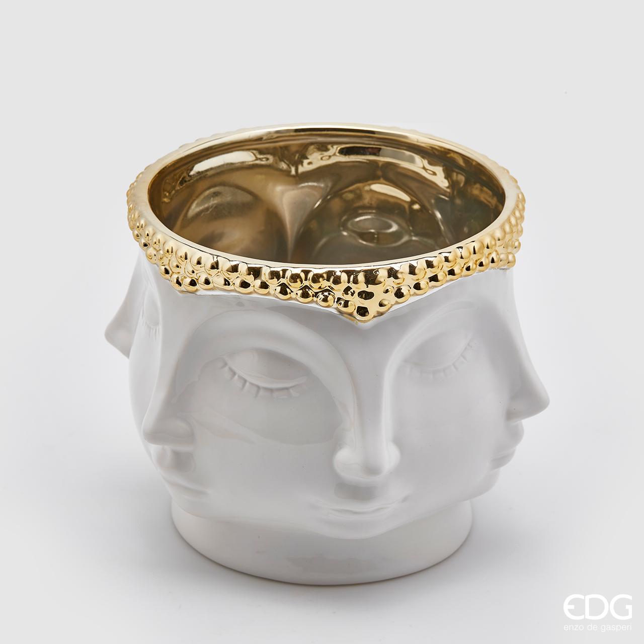 Vaso facce "Buddha", in ceramica, colore bianco e oro, H.17x20cm. EDG