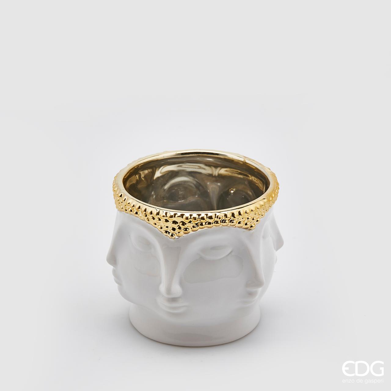 Vaso facce &quot;Buddha&quot;, in ceramica, colore bianco e oro, H.11x12cm. EDG