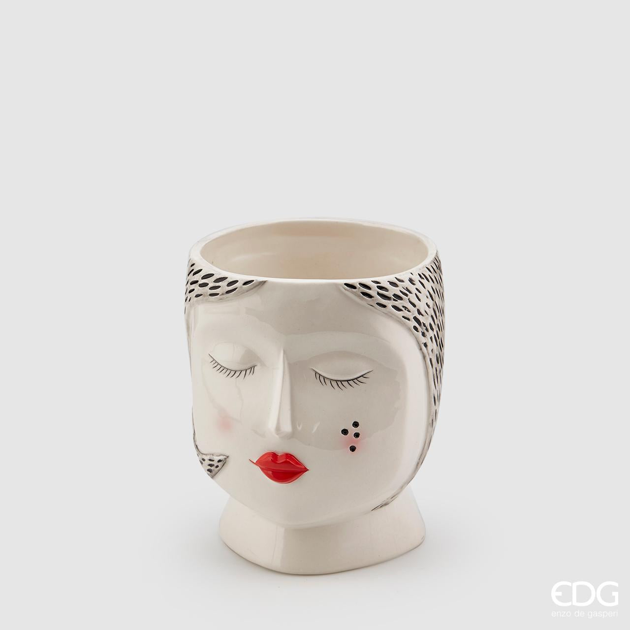 Vaso faccia con rossetto, in ceramica, colore bianco e nero, rosso. EDG