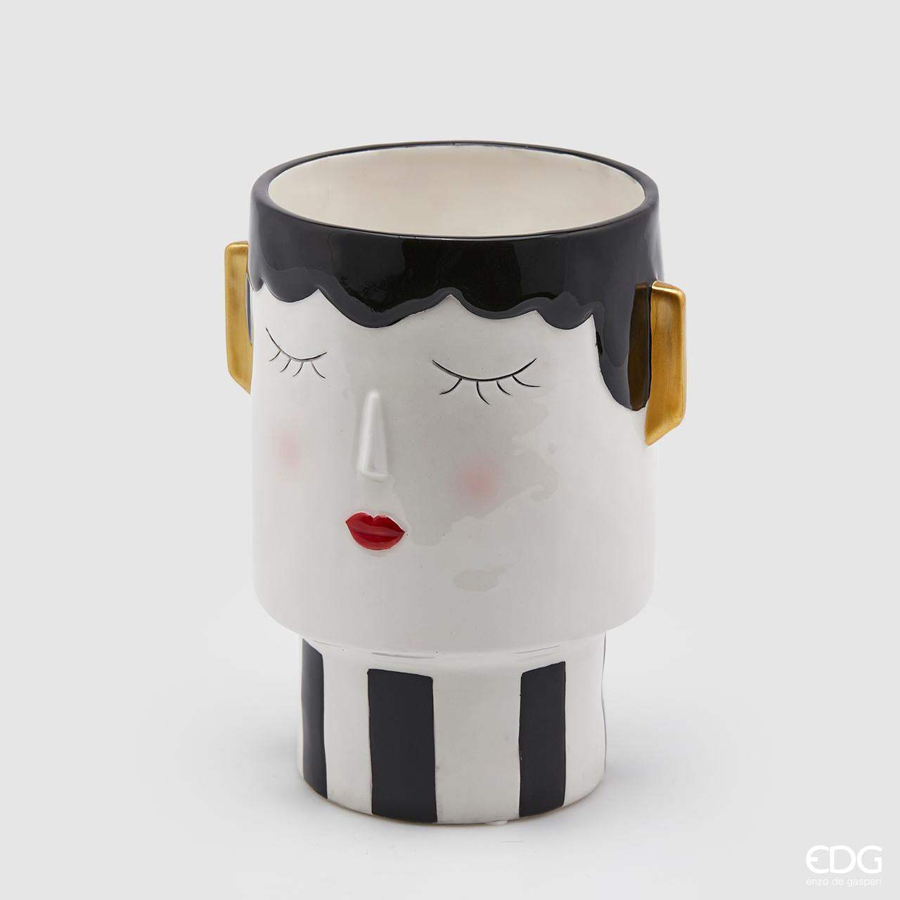 Vaso faccia, in ceramica, colore bianco e nero con orecchie oro. EDG