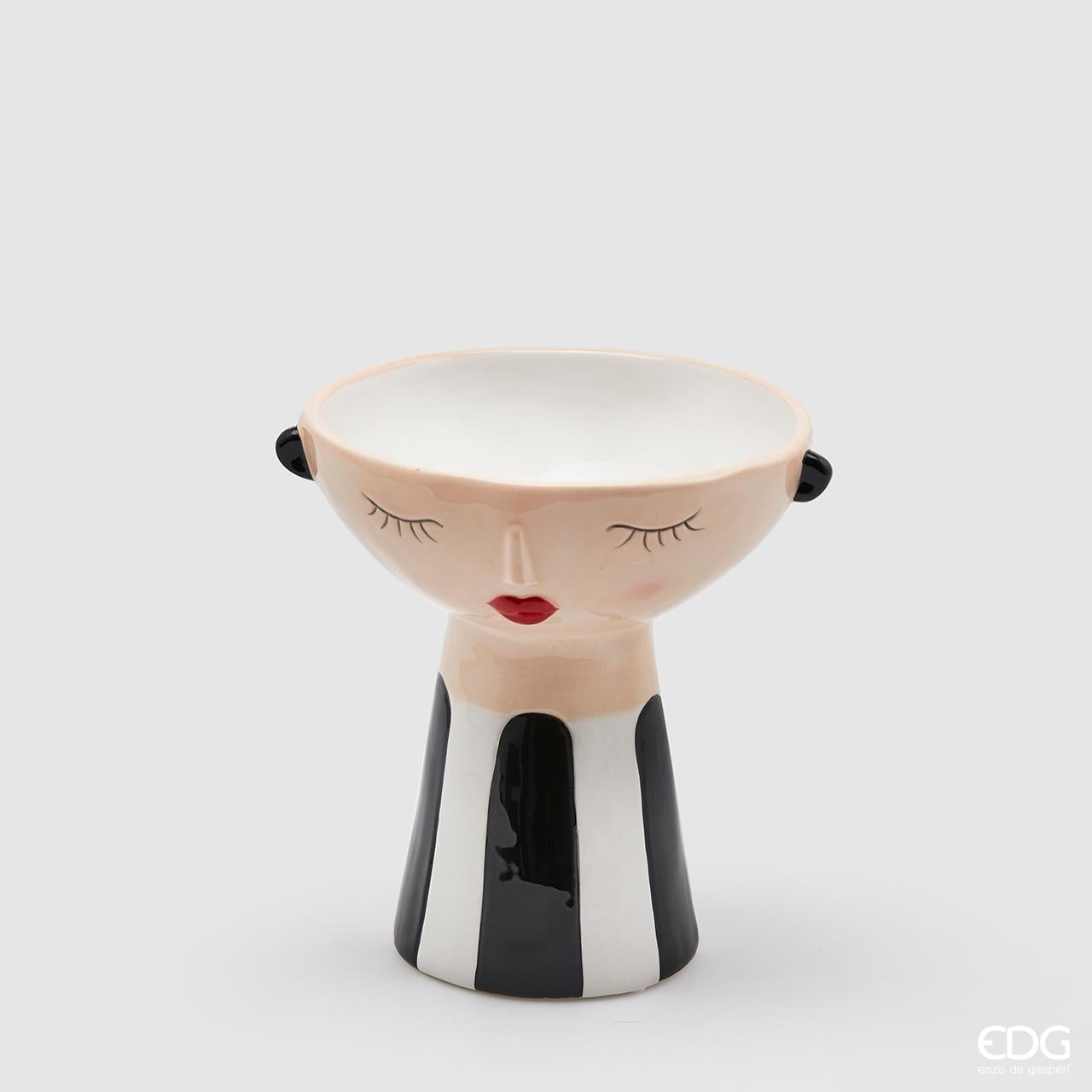 Vaso faccia, in ceramica, colore bianco e nero con righe su collo. EDG