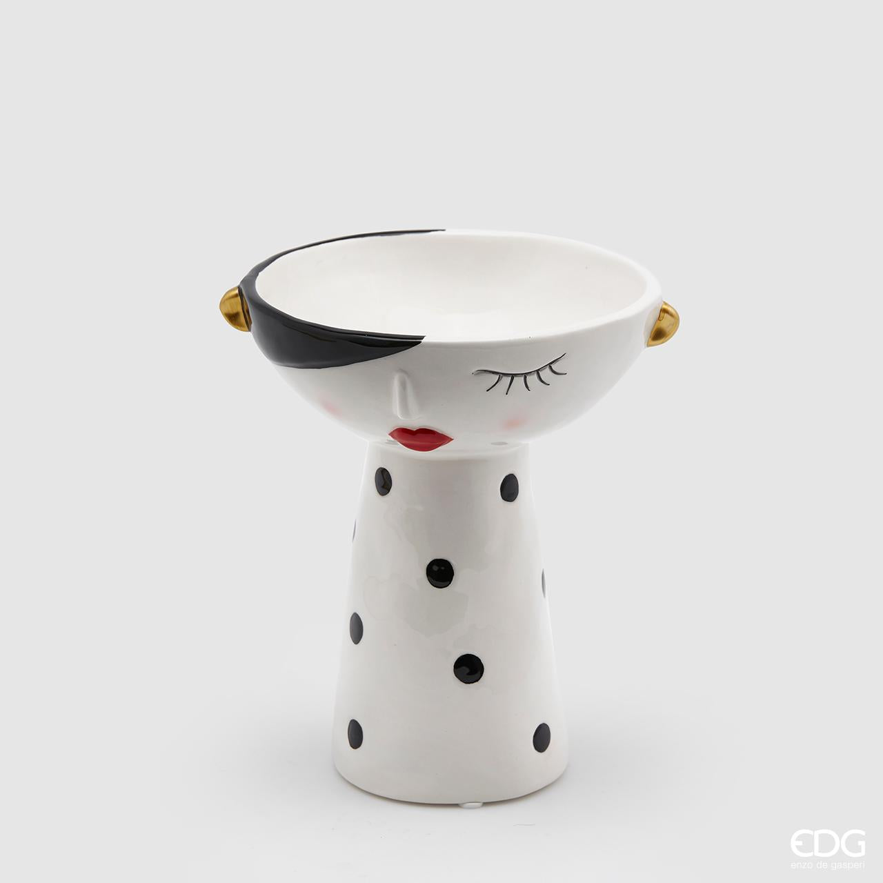 Vaso faccia, in ceramica, colore bianco e nero con pois. EDG